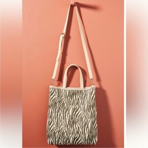 BRAND NEW Anthropologie Alena Canvas Zebra Tote Bag with Pouch & Leather Strap